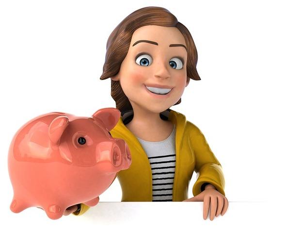 A Smiling Cartoon Woman In A Yellow Jacket Holds A Pink Piggy Bank, Standing Behind A White Surface.