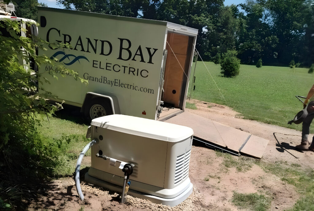 A White Electrical Generator Is Installed Outdoors Near A Grand Bay Electric Trailer With Its Ramp Down; A Worker Stands On The Right.