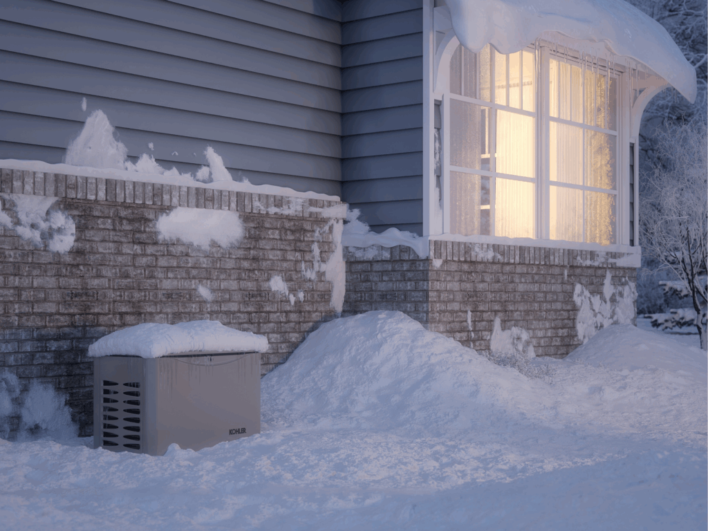 A Standby Generator Sits Outside A Snow-Covered House With Illuminated Windows At Dusk. Snow Piles Up Around The House And On The Generator.