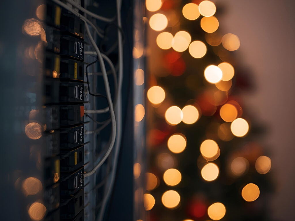 A Close-Up Of Electrical Circuit Breakers With Blurred Lights From A Decorated Christmas Tree In The Background.