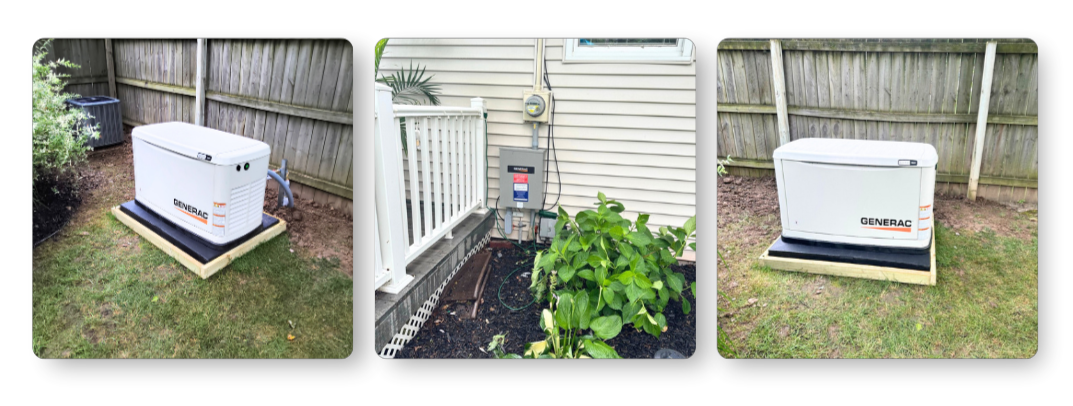 Three Images Showing A Residential Standby Generator Installation: A Generac Generator Unit Placed On A Pad In A Backyard Near A Wooden Fence, And A Close-Up Of The Home’s Electrical Panel And Transfer Switch Mounted On Exterior Siding With Surrounding Landscaping.