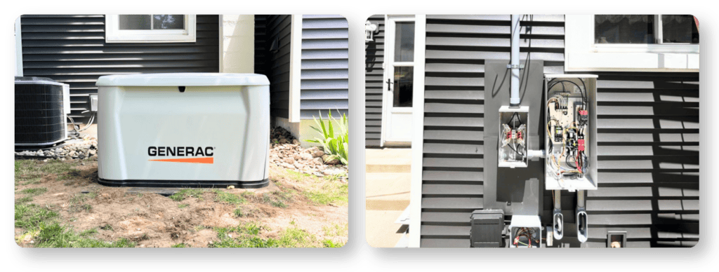 Is A Whole-Home Generator Really Worth It For Frequent Power Outages? | Grand Bay Electrical Left: A Generac Generator Outside A House. Right: An Open Electrical Panel With Visible Wiring Mounted On The House Exterior.