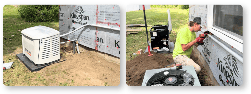 Is A Whole-Home Generator Really Worth It For Frequent Power Outages? | Grand Bay Electrical Generac Standby Generator Installation In Progress At Angela’s Home In Otsego, Michigan, With A Technician Connecting Equipment Beside The House.