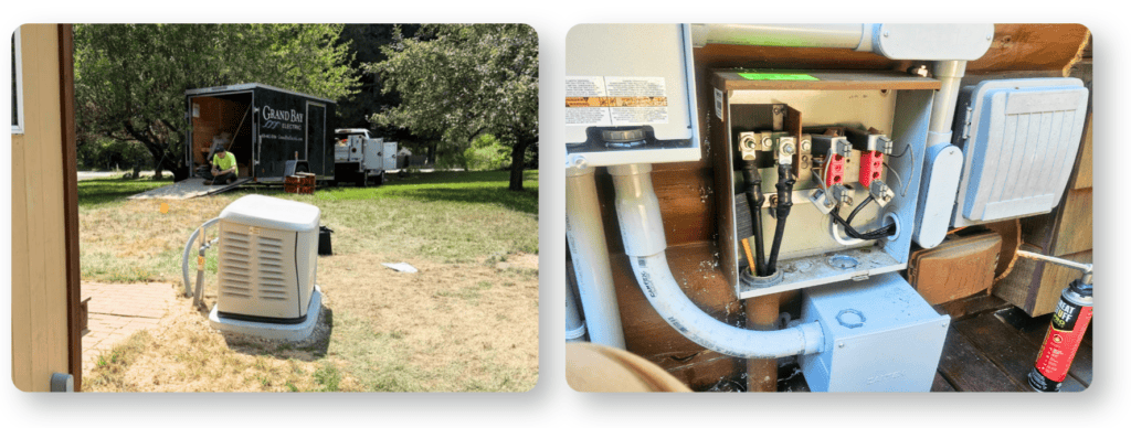 What Size Generator Do I Need? | Grand Bay Electrical Left: Generator Installation In A Yard Near A Truck. Right: Close-Up Of An Open Electrical Panel With Visible Wiring And Components.
