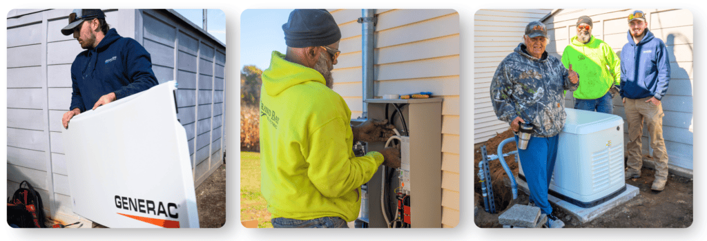 What To Expect During A Generator Installation | Grand Bay Electrical A Three-Panel Image Showing Grand Bay Electric Workers Installing A Generac Generator, Wiring An Electrical Panel, And Posing Next To The Finished Residential Generator Unit.